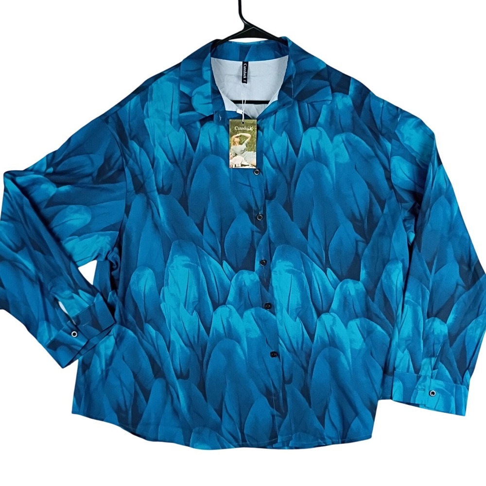 Cuteduck Button Down Shirt Women 3XL Blue NEW Abstract Print‎ Long Sleeve Boho